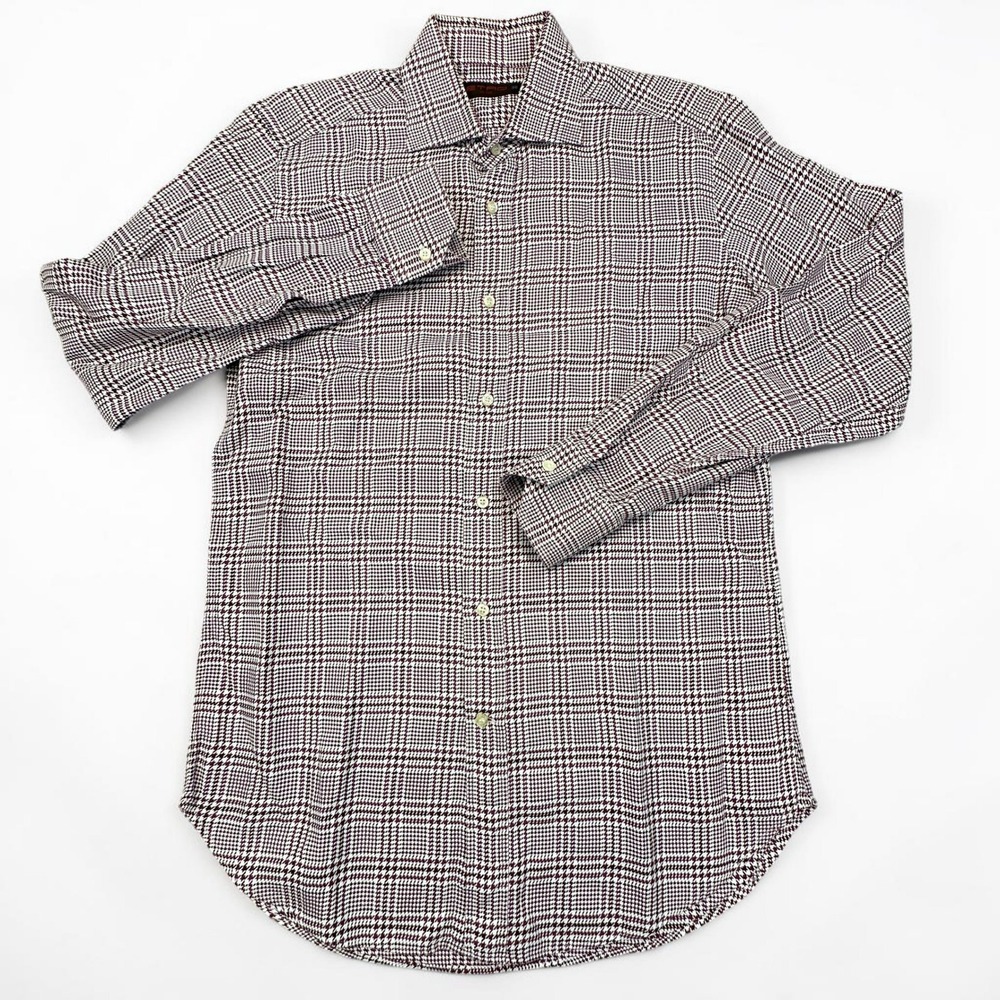 Etro Milano Dress‎ Shirt Men 39 (Medium) Burgundy Houndstooth Glen Plaid Italy